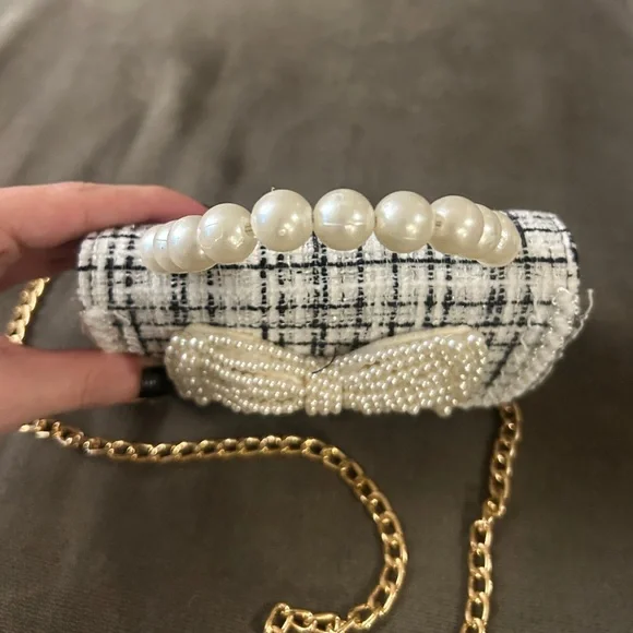 NEW Micro Mini Bag Navy Blue White Tweed Pearl Bow Pearl Top Handle Two-Way - Picture 7 of 12